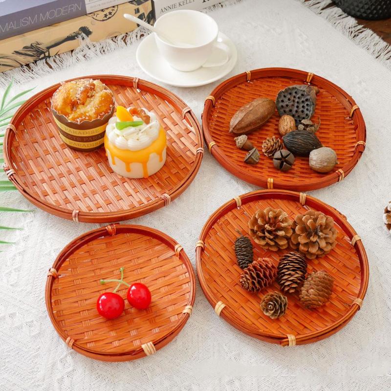 3Pcs/Set Bamboo Round Storage Tray Fruit Handwoven Vegetable Container Cake Plate Basket Kitchen