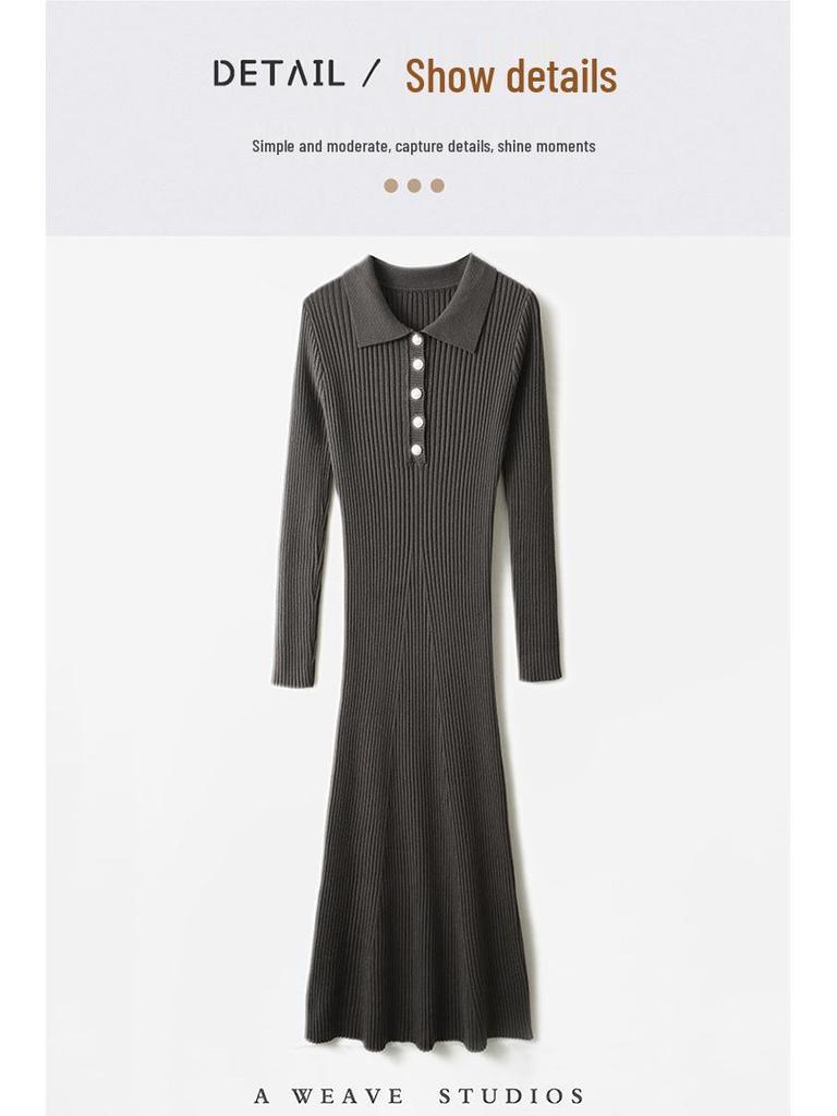 Женское очень длинное облегающее вязаное платье с воротником поло для осени и зимы