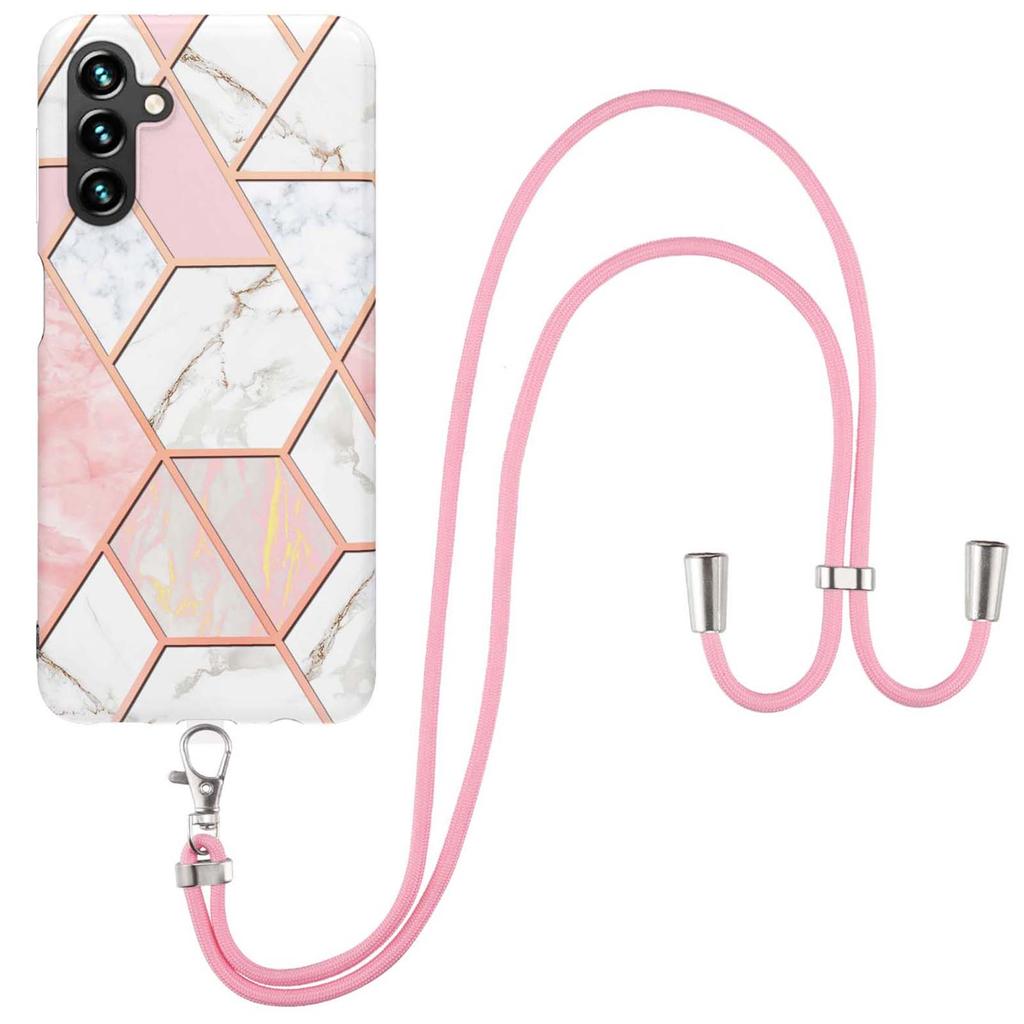 For Samsung Galaxy A14 5G/A14 4G Case with Long Strap Splicing IMD Marble Pattern TPU Back Cover