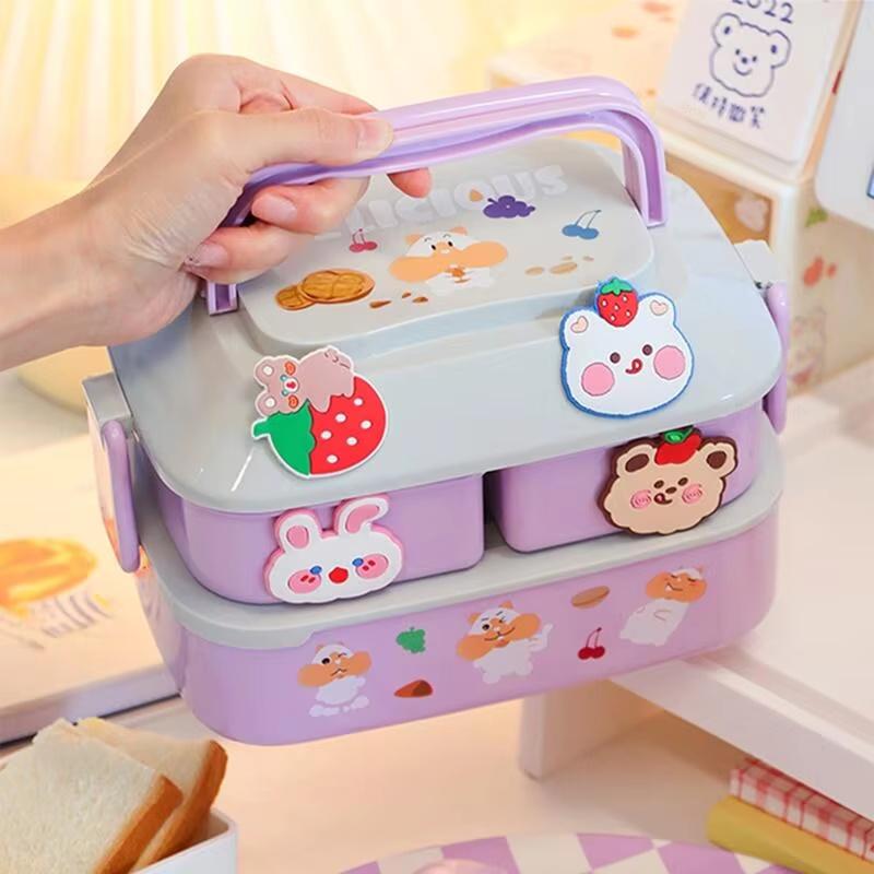Портативный ланч-бокс Kawaii для девочек, школьников, пластиковая коробка для пикника, бенто, коробка для еды в микроволновой печи с отделениями, контейнеры для хранения