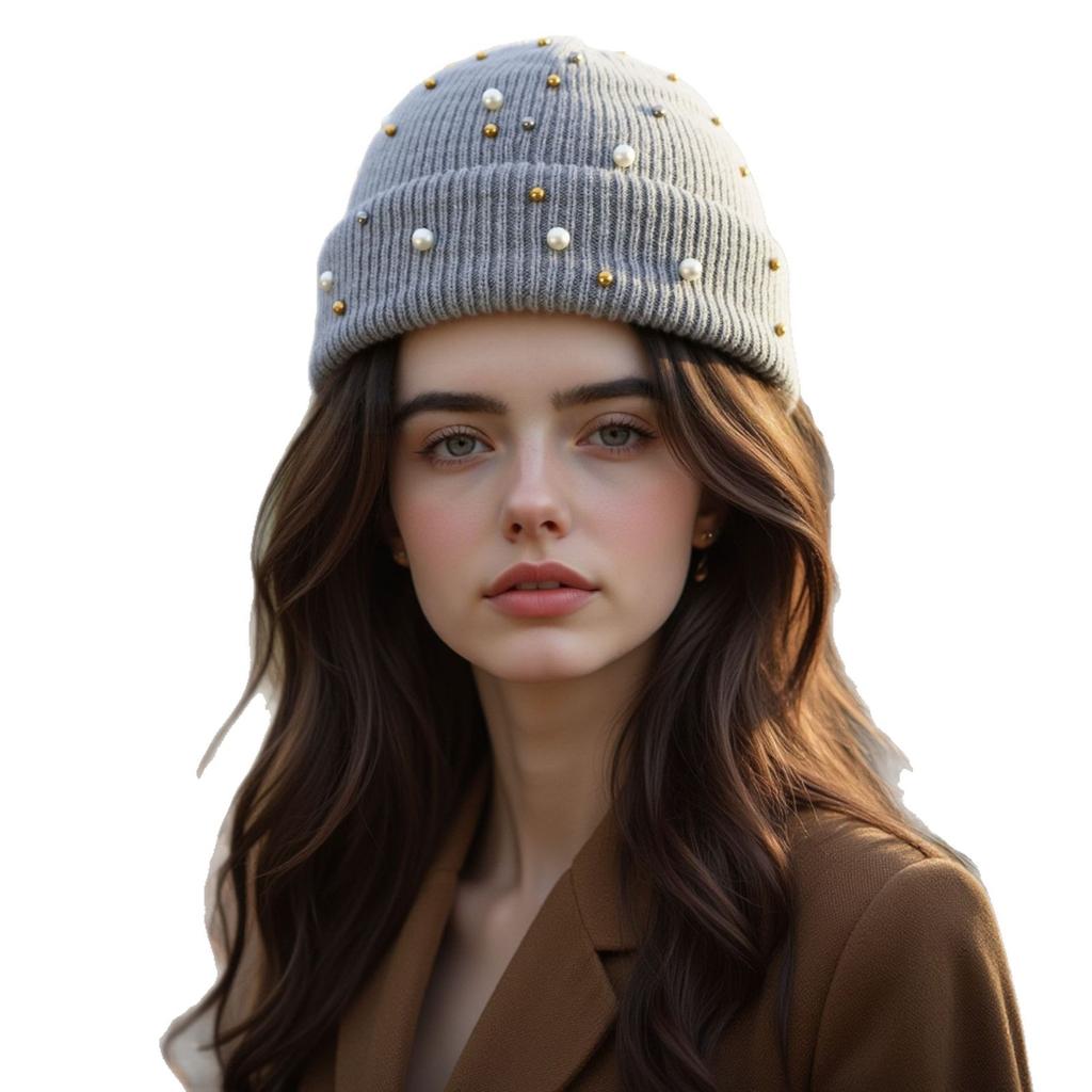 Solid color warm pearl hat autumn and winter fashion versatile pullover knitted hat rivet trend women's wool hat