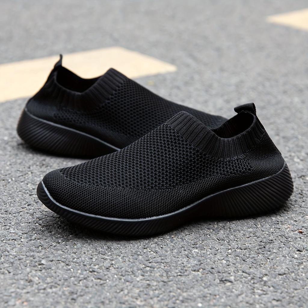 Women's Solid Color Flying Woven Sneakers, Casual & Breathable Slip On Outdoor Shoes, Lightweight Low Top Running Shoes