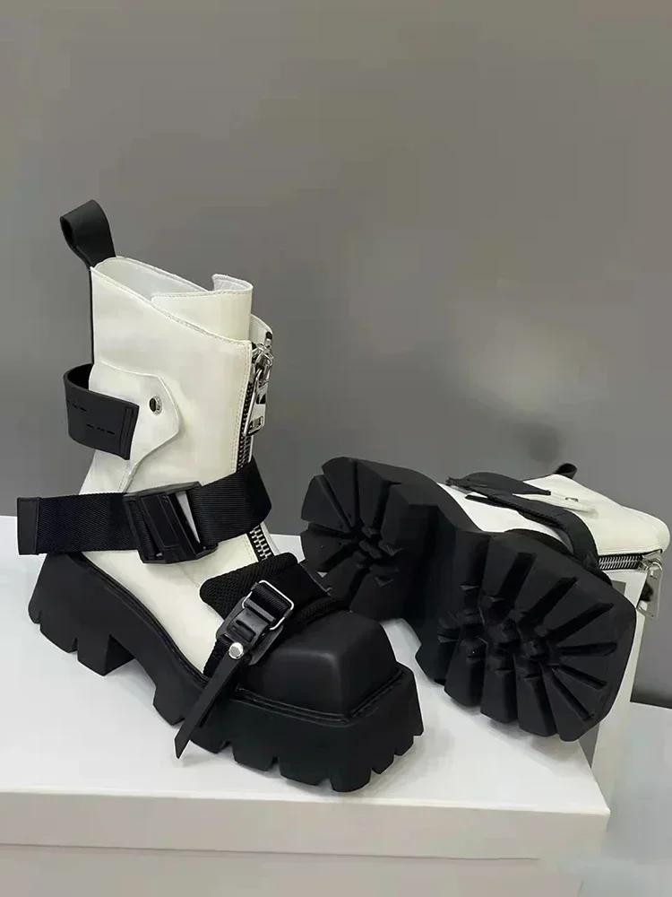 Модные роскошные кожаные ботильоны женские на молнии, с ремешком с пряжкой, мотоциклетные ботинки на толстой подошве, нескользящей платформе, боты для женщин