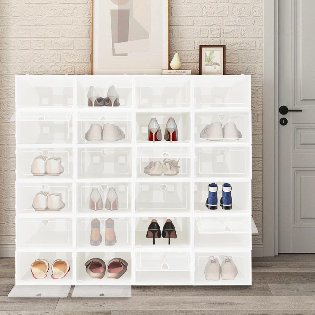 24-Pack Large Shoe Boxe, Clear Stackable Shoe Organizer, Heart Design White Storage Bins, Thick Plastic Closet Organizers