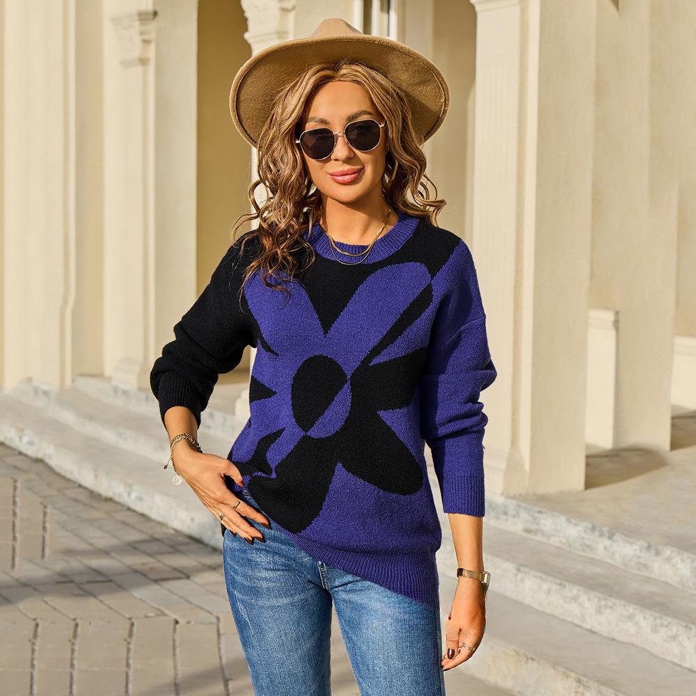 New Large-sized Women's Long-sleeved Floral Patchwork Fashionable and Versatile Knitted Pullover Sweater for Autumn and Winter