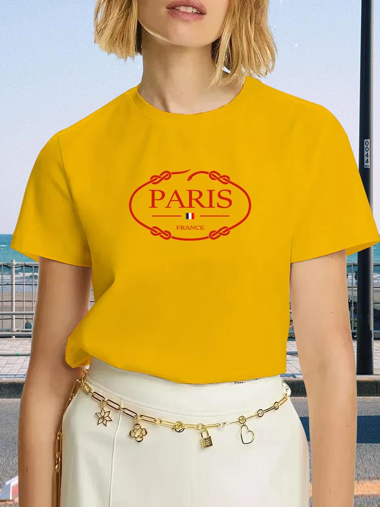 PARIS Print T-shirt, Short Sleeve Crew Neck Casual Top For Summer & Spring Women's Clothing