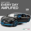 1:24-масштабная модель автомобиля Bugatti Chiron, игрушки для мальчиков, игрушки в возрасте от 3 до 12 лет, транспортные средства с откатным механизмом, музыкальными дверями и открывающимся капотом