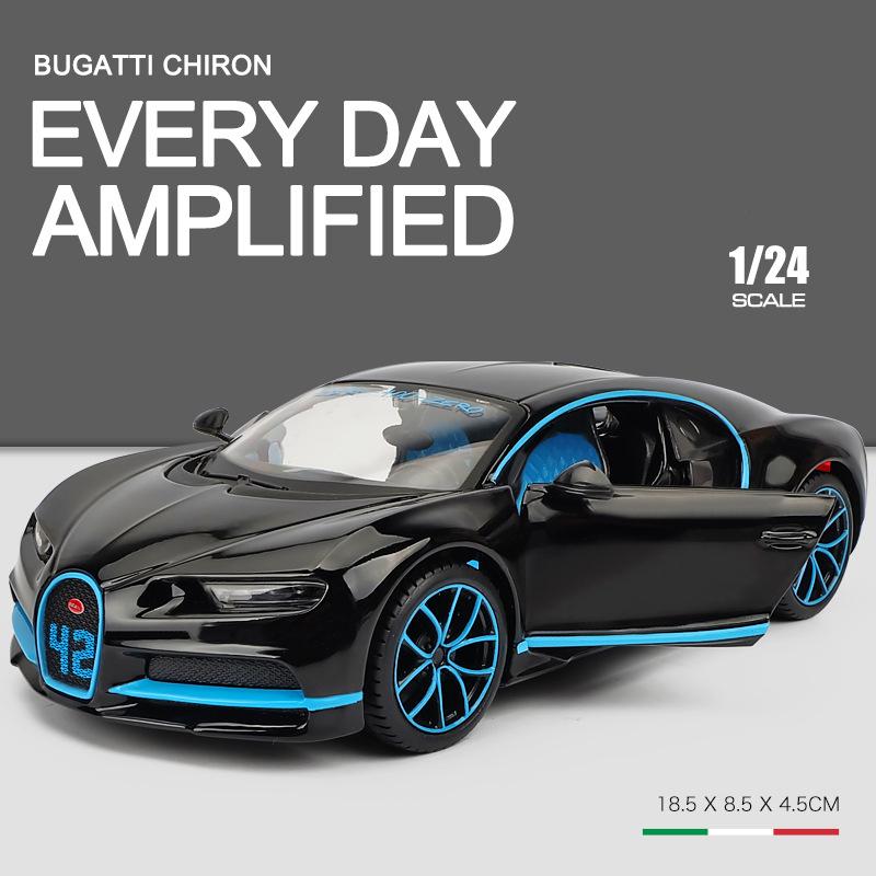 1:24-масштабная модель автомобиля Bugatti Chiron, игрушки для мальчиков, игрушки в возрасте от 3 до 12 лет, транспортные средства с откатным механизмом, музыкальными дверями и открывающимся капотом