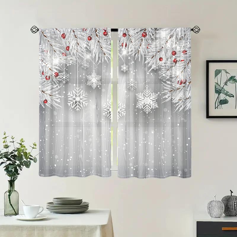 2 Pieces, Silver Pine Branch Snowflake Wood Curtain -30% Blackout - Suitable for Living Room, Bedroom, Kitchen, Home Decoration