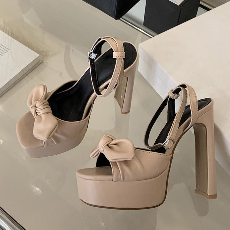 Liyke Абрикосовая Кожа Бант Дизайнерские Туфли на Высокой Платформе Сексуальные Сандалии Женские Квадратный Носок Ремешок с Пряжкой Массивные Туфли Zapatos Mujer