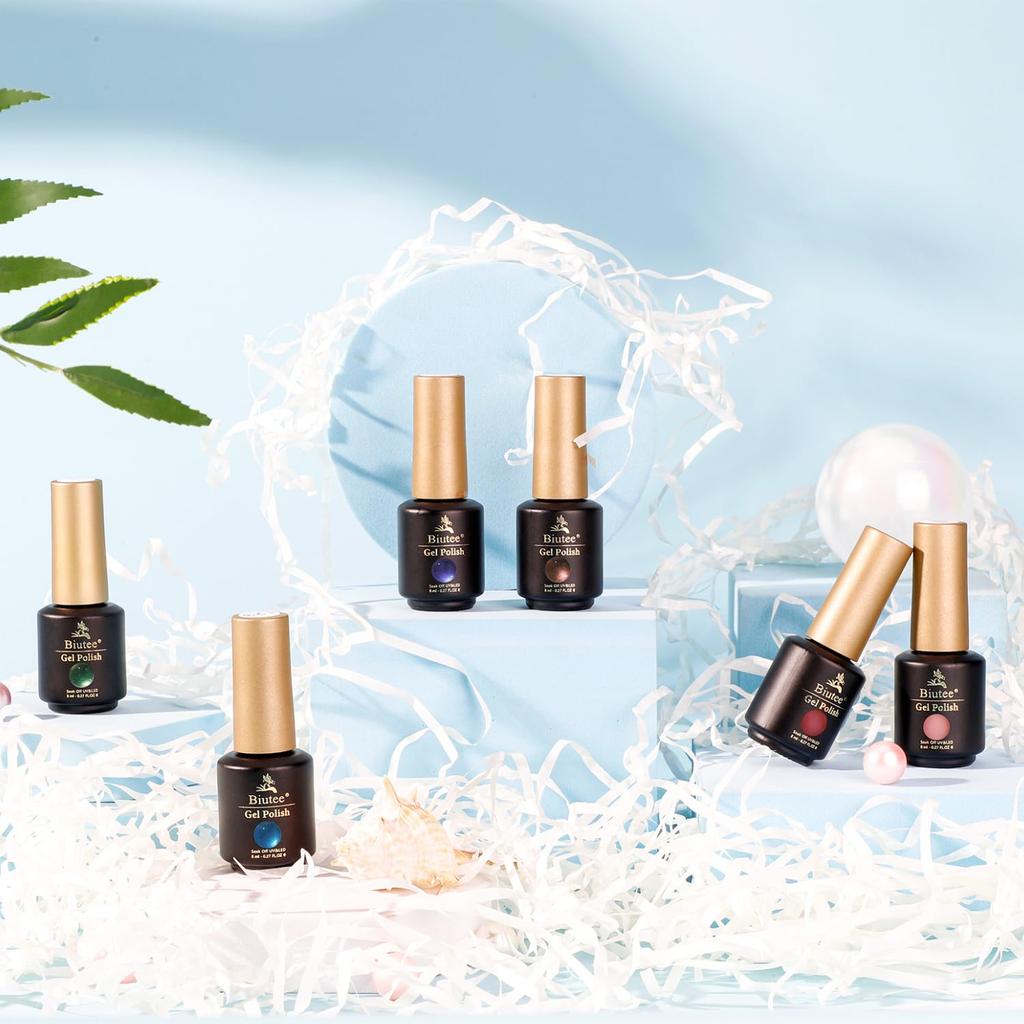 Biutee Gel Nail Nail Color with Glitter 6 Colors 8ml Compatible Glitter Magnetic Nail Gel Nail Color Gel Fine Particle Glitter Diamond Gel Iridescent