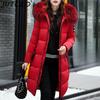 Autumn/Winter Women's Long-Length Cotton Coat with Hood and Large Fur Collar Down-Filled Cotton-Blend Padded Jacket