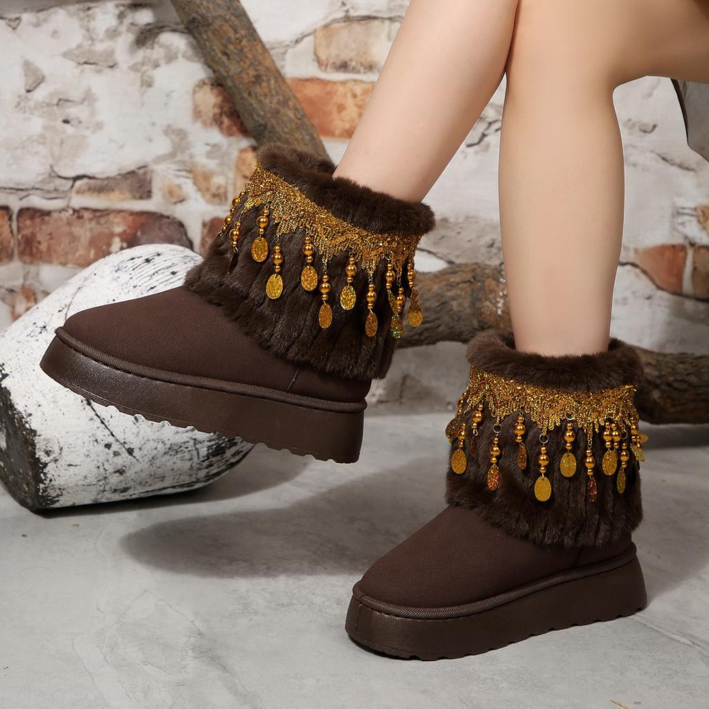 Foreign Trade Comfortable Thick-soled Short Cotton Shoes Women's Autumn and Winter New Tassel Beaded Velvet Warm Snow Boots