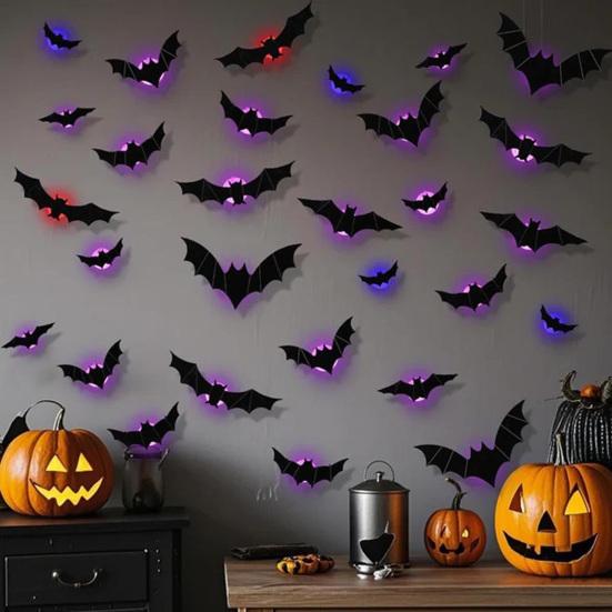 Halloween LED Bat Wall Stickers 3D Light Up Glowing Bat Stickers for Halloween Party Indoor Bedroom Wall Window Decor