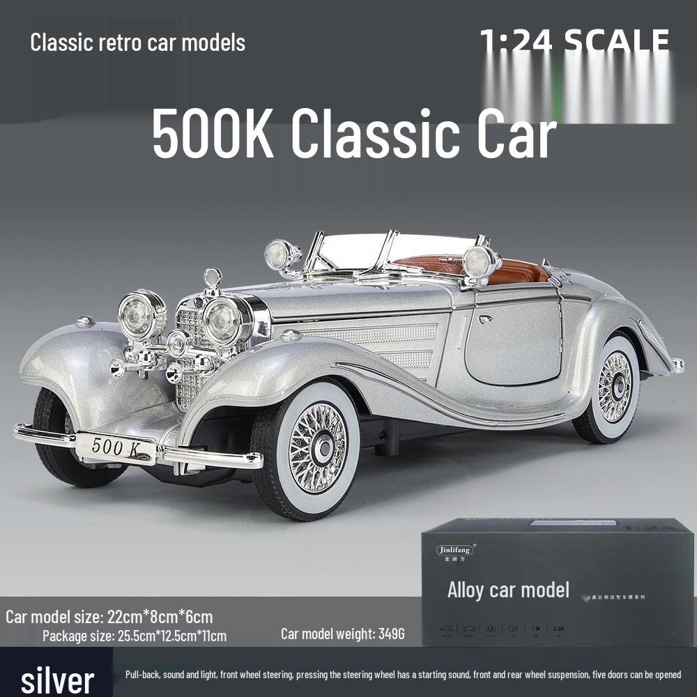 1/24 Mercedes-Benz 500K Модель автомобиля из легкого сплава со звуком и светом: Классический ретро-украшение с откидной крышкой, подарочная коробка к празднику середины осени