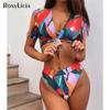 Colorful Female Swimsuit High Waist Bikini Women Swimwear Three-pieces Bikini Set Short Sleeve Bather Bathing Suit