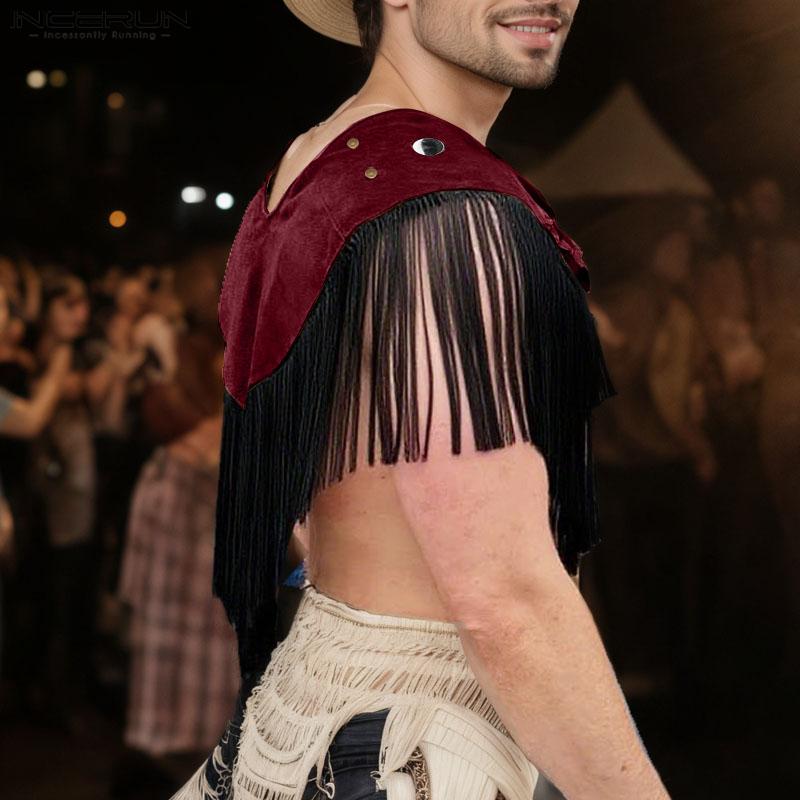 INCERUN Мужские топы с низким вырезом, декоративной строчкой и кисточками, модные укороченные плащи