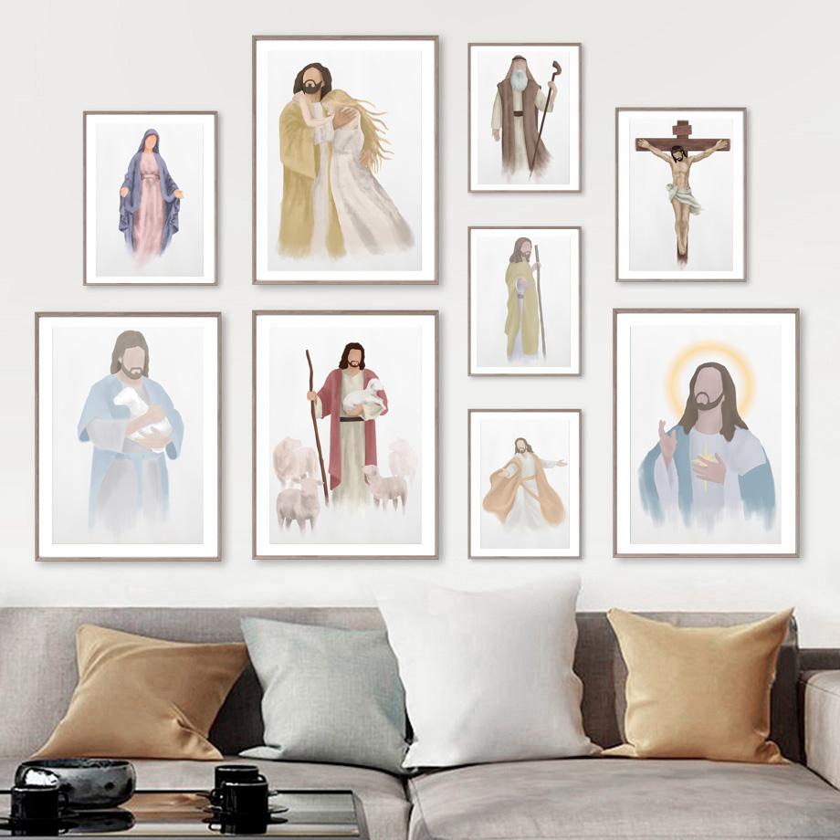 Настенные художественные принты, картина на холсте, портрет Иисуса Христа, Дева Мария, акварель, плакат на скандинавскую тему, настенные панно для декора гостиной