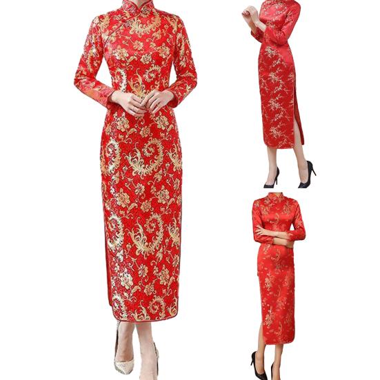 Леди Нижние юбки больших размеров, женский Cheongsam, элегантный длинный Cheongsam с высоким разрезом, классический женский стиль в китайском стиле, женское платье для свадебных вечеринок