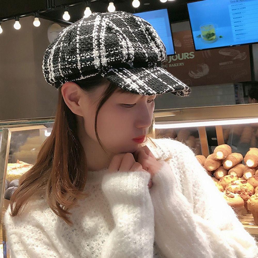 Casual Artist Hat Keep Warm For Girls Autumn Painter Hat Women Visors Cap Plaid Beret Octagonal Cap