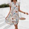 Women Bohemian Summer Casual Ruffles Cap Sleeve Flower Printed One Piece Dress