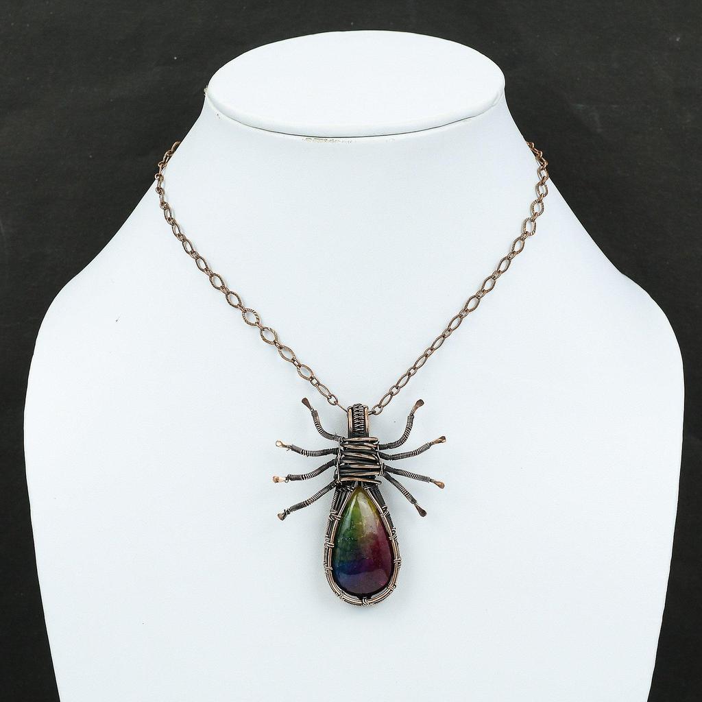 Радужный солнечный кварцевый кулон-друзи, кулон из медной проволоки, кулон ручной работы, ювелирные изделия из медной проволоки, кулон-паук для подарка, кулон с драгоценным камнем для нее