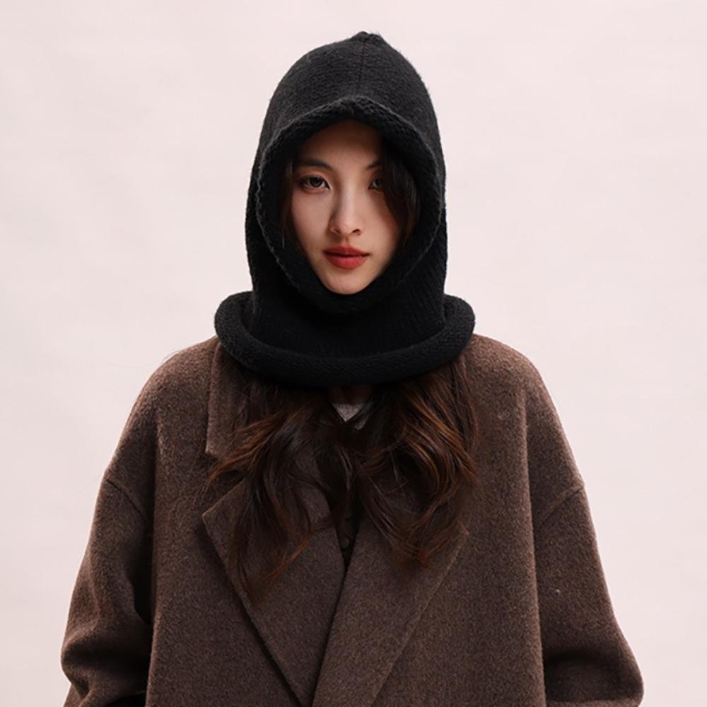 Woolen Hooded Cap Windproof Neck Collar Beanies Cap Fashion Knitted Balaclava Hat  Winter