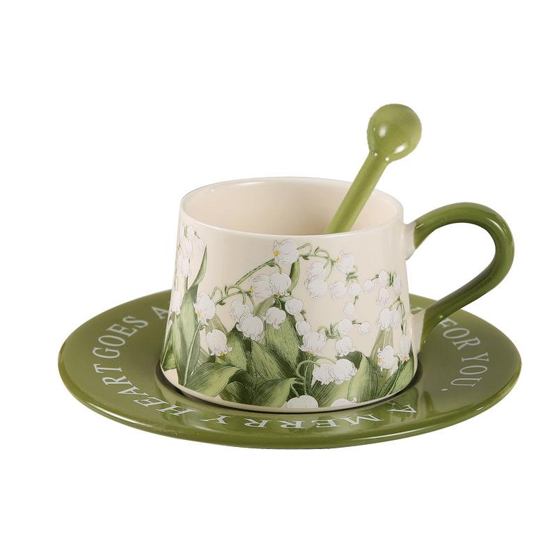 Original Hand Painted Lily of The Valley Flower Ceramic Coffee Cup Saucer Set Niche Latte Cup Afternoon Tea Exquisite Souvenir Gift