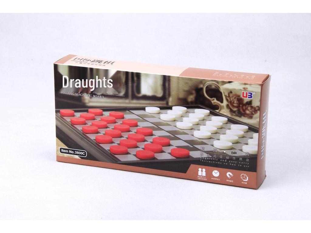 Magnetic Folding International Checkers & Chessboard: 100 Squares, Black & White, 64-Piece Set.