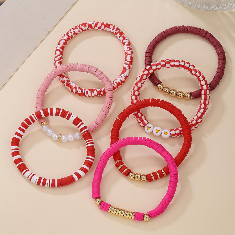 Bohemian color multi-layer soft pottery beaded bracelet, summer beach style versatile love stacked jewelry set