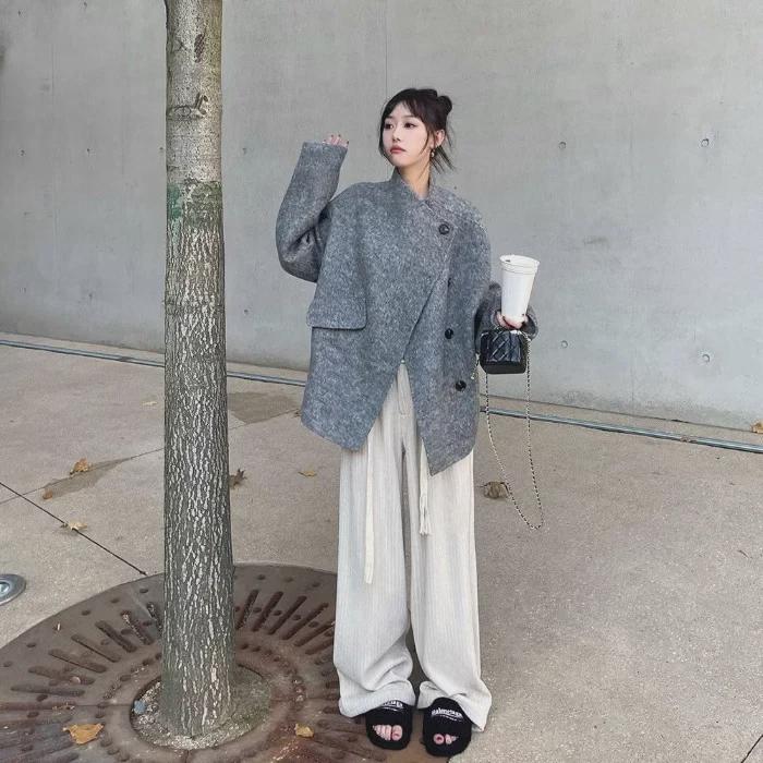 Женское серое шерстяное пальто средней длины - дизайн Dragon & Phoenix, свободный крой, корейский стиль, осень и зима 2024 г.