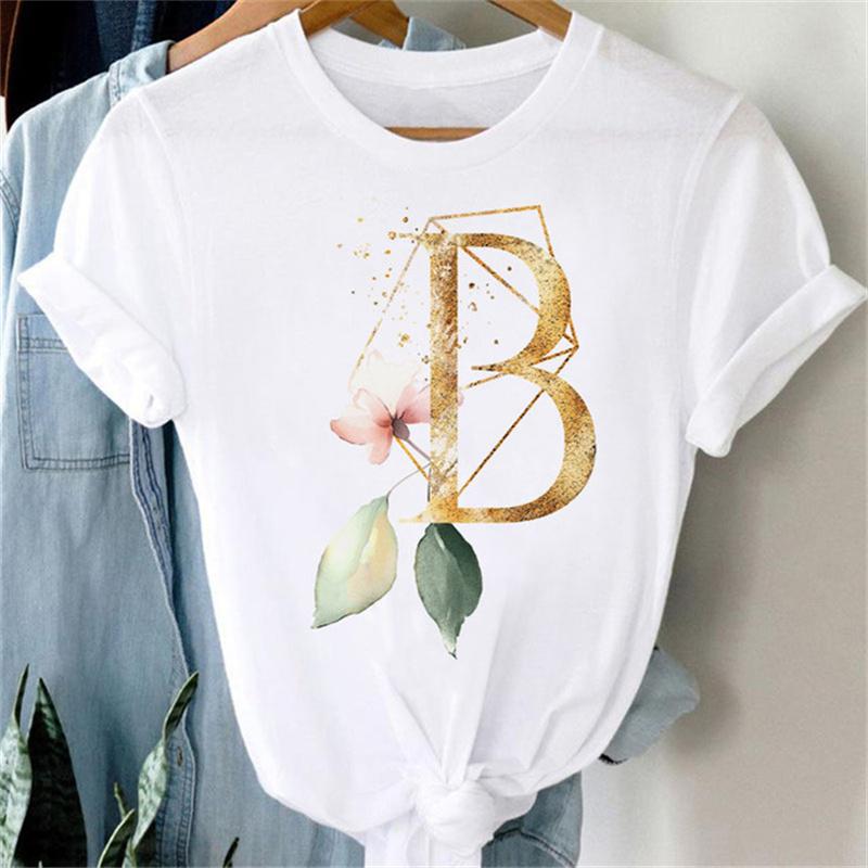 Custom Name Letter Combination Women T Shirt Floral Gold Letter Font A B C D Print Short Sleeve Tee Tops Female T-shirt Clothes