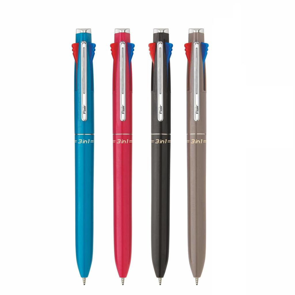 Flair 3 in 1 Retractable Ball Pen, Pack of 4, Blue Black Red Ink, Smooth Writing for Office School & Home