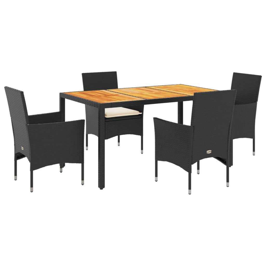 5 Piece Outdoor Dining Set with Cushions Black Poly Rattan & Acacia Wood