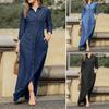 Turn-Down Collar 3/4 Sleeve Women Dress Two Pockets Solid Color Single Breasted Denim Maxi Dress Ladies Clothing