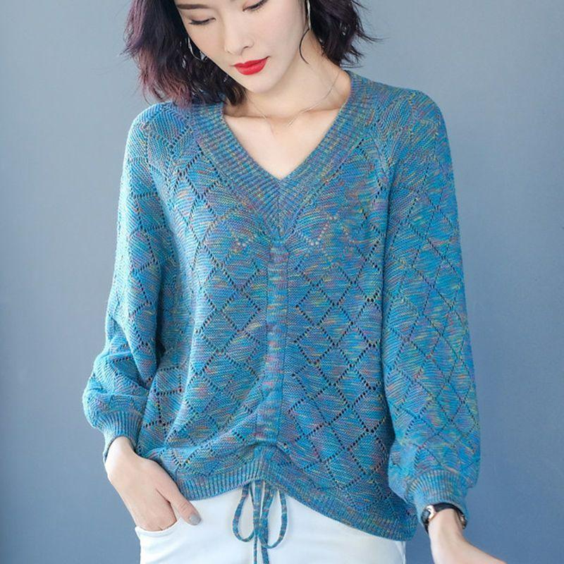 Весенне-осенние женские топы на кулиске, новые базовые рубашки, тонкие свободные корейские свитера больших размеров, V-образный вырез