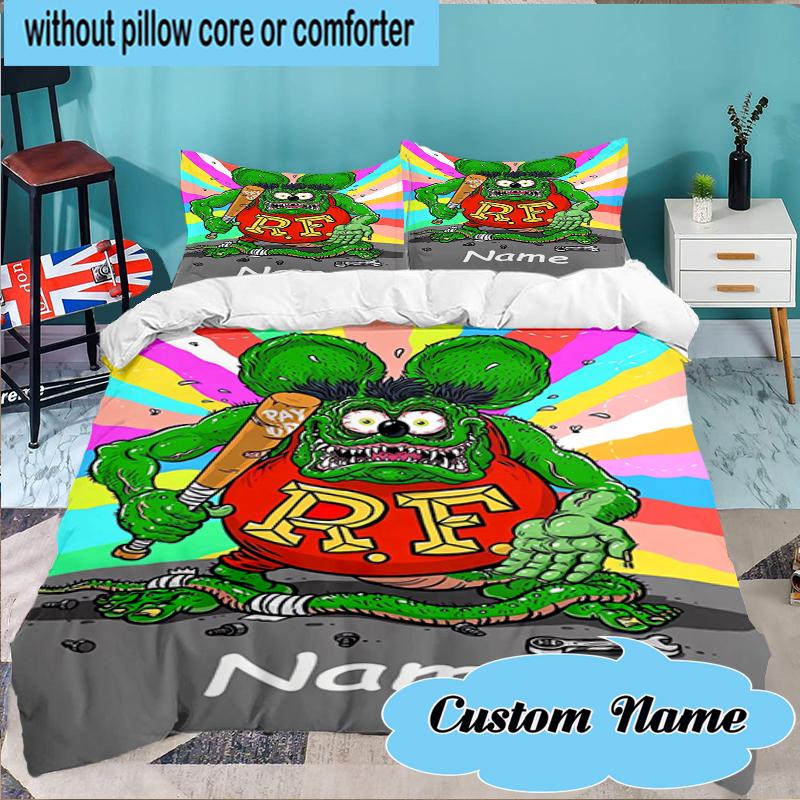 Custom Name Rat Fink Baseball Artwork Bedding Set 3pcs, Bedding Set Including 1pc Duvet Cover And 2pcs Pillowcases for Bedroom, Dormitory Gift