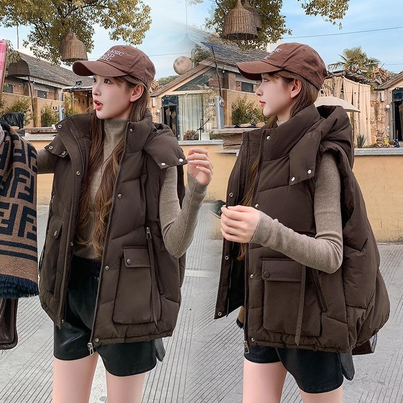 Одинарный хлопковый жилет, большой размер, хлопковый жилет на пуху с капюшоном, женский осенне-зимний свободный хлопковый жилет, короткий хлопковый жилет