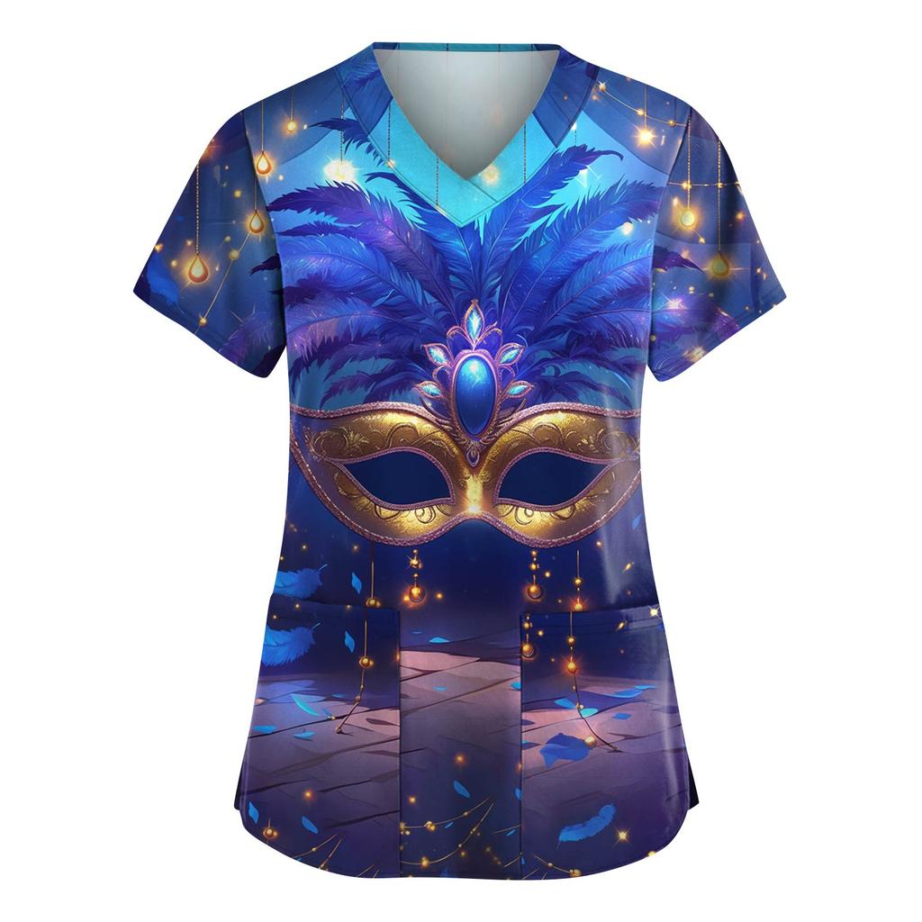 Женская модная рабочая одежда с V-образным вырезом и короткими рукавами, с карманами, топ с карнавальным принтом, униформа для сиделки