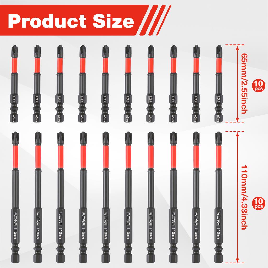 20pcs 65/110mm Impact Screwdriver Bit Set 1/4 Inch Hex Shank Slotted Heads Magnetic S2 Steel Cross Slot Screw Driver Drill Bits