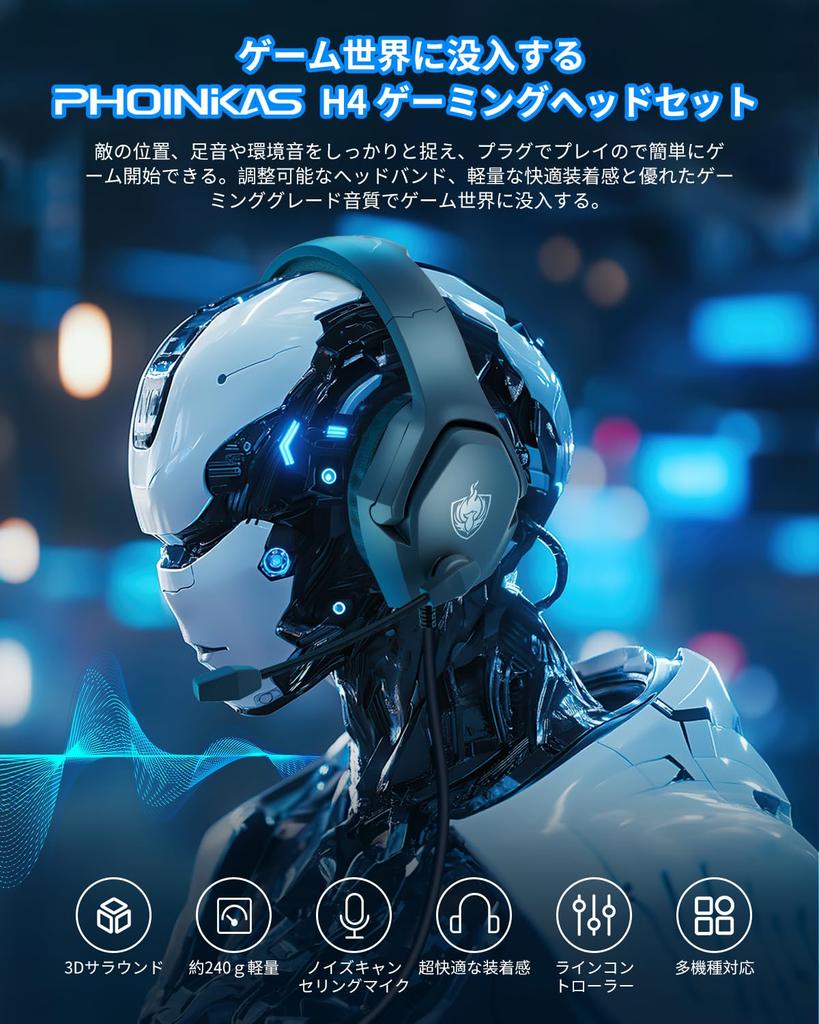 PHOINIKAS Wired Gaming Headset for PS4, PS5, and PC with Mic, Noise Cancelling, One-Click Mute, Deep Bass, Comfortable, Lightweight, and Stretchable