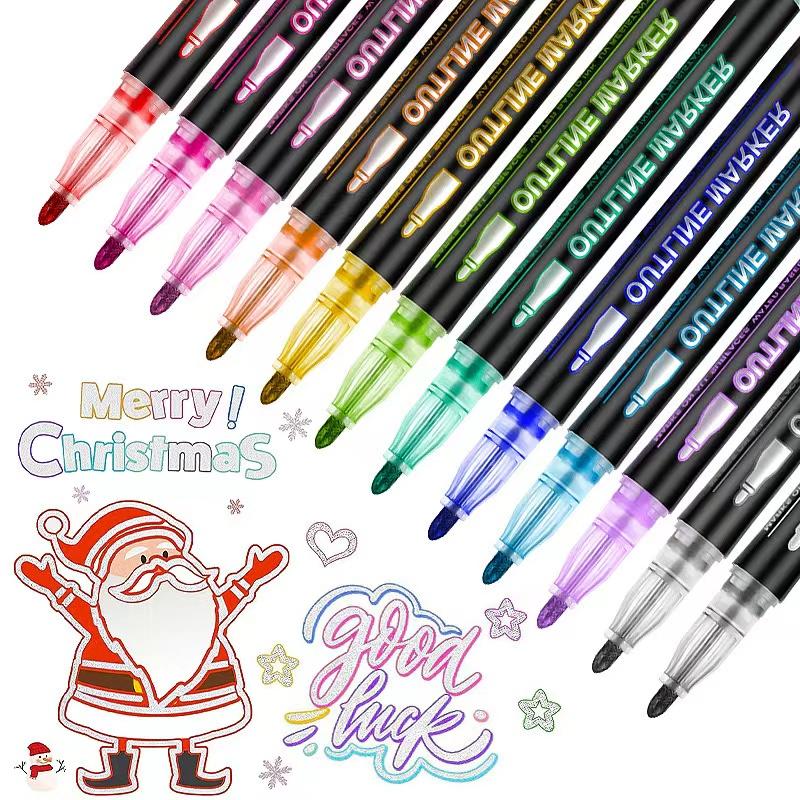 Dreamy Metal Double Line Outline Pen for Kids, Fluorescent Colorful Manual Bead Pen for Greeting Cards & Graffiti,