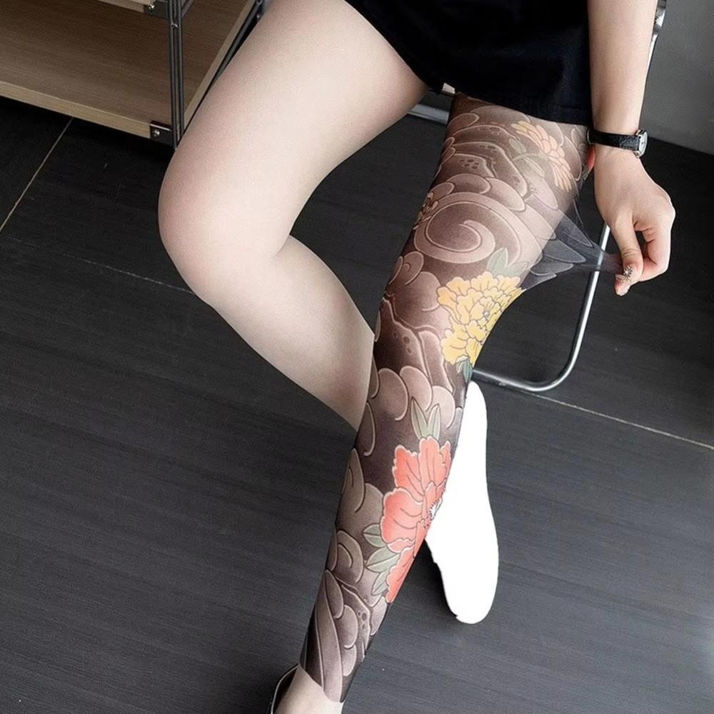 New Fake Tattoo Women's Sexy Printed Tights Perspective Leggings Peony Pantyhose Mesh High Pantyhose Summer