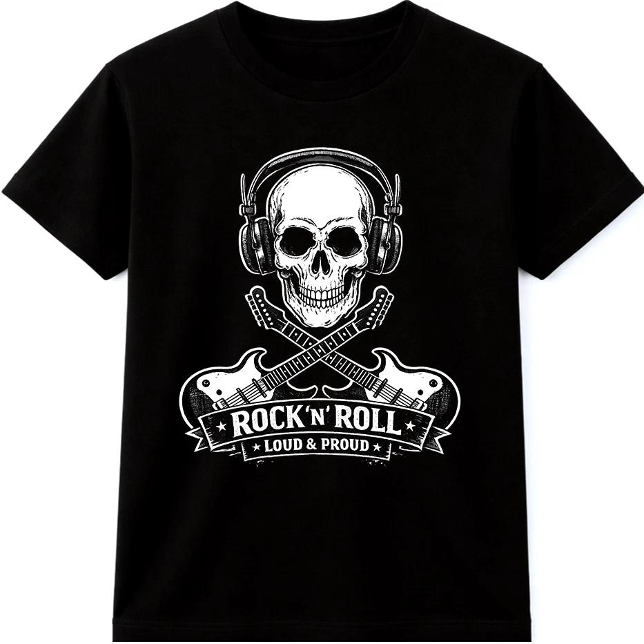 Rock Skull T-Shirt Guitar Headphones Biker Punk Metal Music Gift Graphic Tee