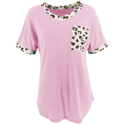 Свободный модный топ с V-образным вырезом и леопардовым принтом, карманом в стиле пэчворк, женская футболка