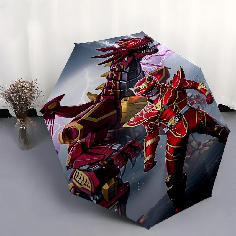 1pc Power Rangers Red Ranger Dragonzord Automatic Folding Umbrella, 3-Fold Design, 8-Bone Frame, Outdoor for Fans, Travelers, Daily Use, Gift Idea.T08