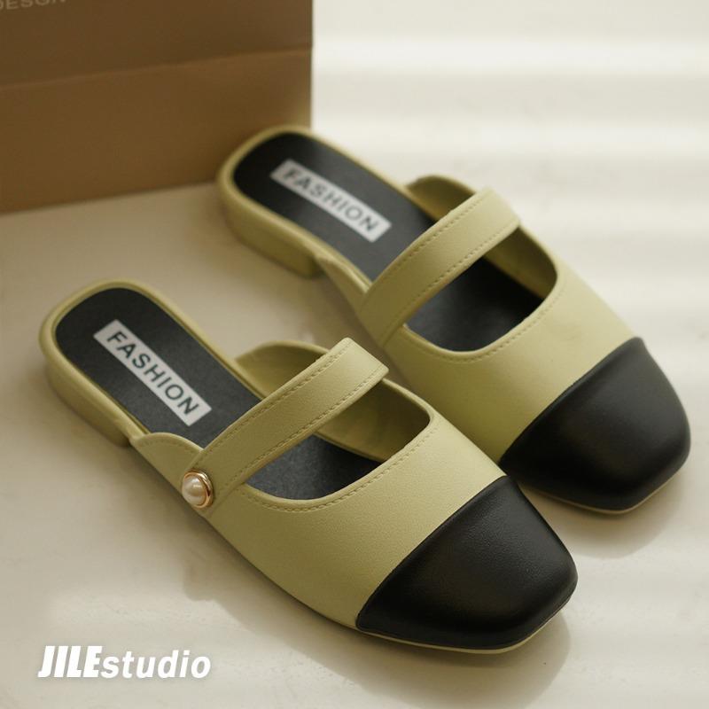 Баотоу полутапочки женские весенние новые для通勤, темпераментные, сочетающиеся по цвету, крутые тапочки