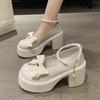 Japanese Platform Mary Jane Shoes Women's New Summer Pearl Bow French High-heeled Small Leather Shoes Single Shoes