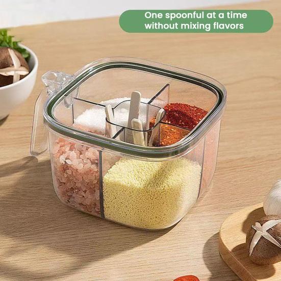 Kitchen Seasoning Jar with Spoon Slot Multi-Compartment Salt Pepper Organizer Transparent Seasoning Box