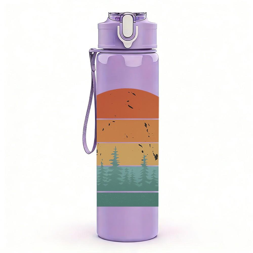 1PC Retro Circle Mountain Sunset Art 750ml Color Plastic Sports Water Bottle Leakproof Flip Straw Lid Suitable for Sports Office Home Use